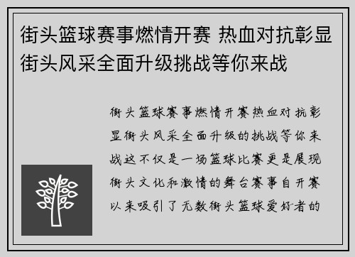 街头篮球赛事燃情开赛 热血对抗彰显街头风采全面升级挑战等你来战