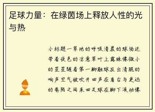 足球力量：在绿茵场上释放人性的光与热