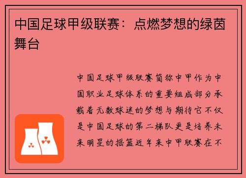 中国足球甲级联赛：点燃梦想的绿茵舞台